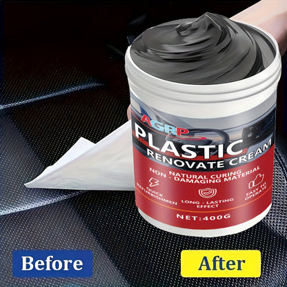 Cire rénovatrice pour plastiques de voiture 400 g – Polish haute brillance résistant aux UV pour tableau de bord, pare-chocs, pneus et garnitures extérieures, pâte de detailing intérieur et extérieur anti-décoloration, séchage rapide non gras