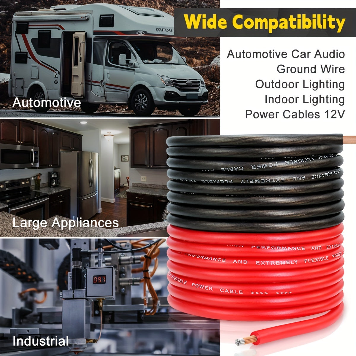 Kit de câbles d'alimentation et de masse CCA de calibre 8, 50 pi (25 pi rouge + 25 pi noir) pour autoradio, amplificateur, haut-parleur, marine, soudage et câblage électrique automobile