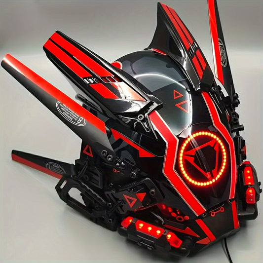 Masque LED cyberpunk avec cornes et pompons, accessoire de tête futuriste rouge et blanc – Costume de cosplay pour Halloween, masque de festival et de rave party, accessoire photo, déguisement et cadeau de collection