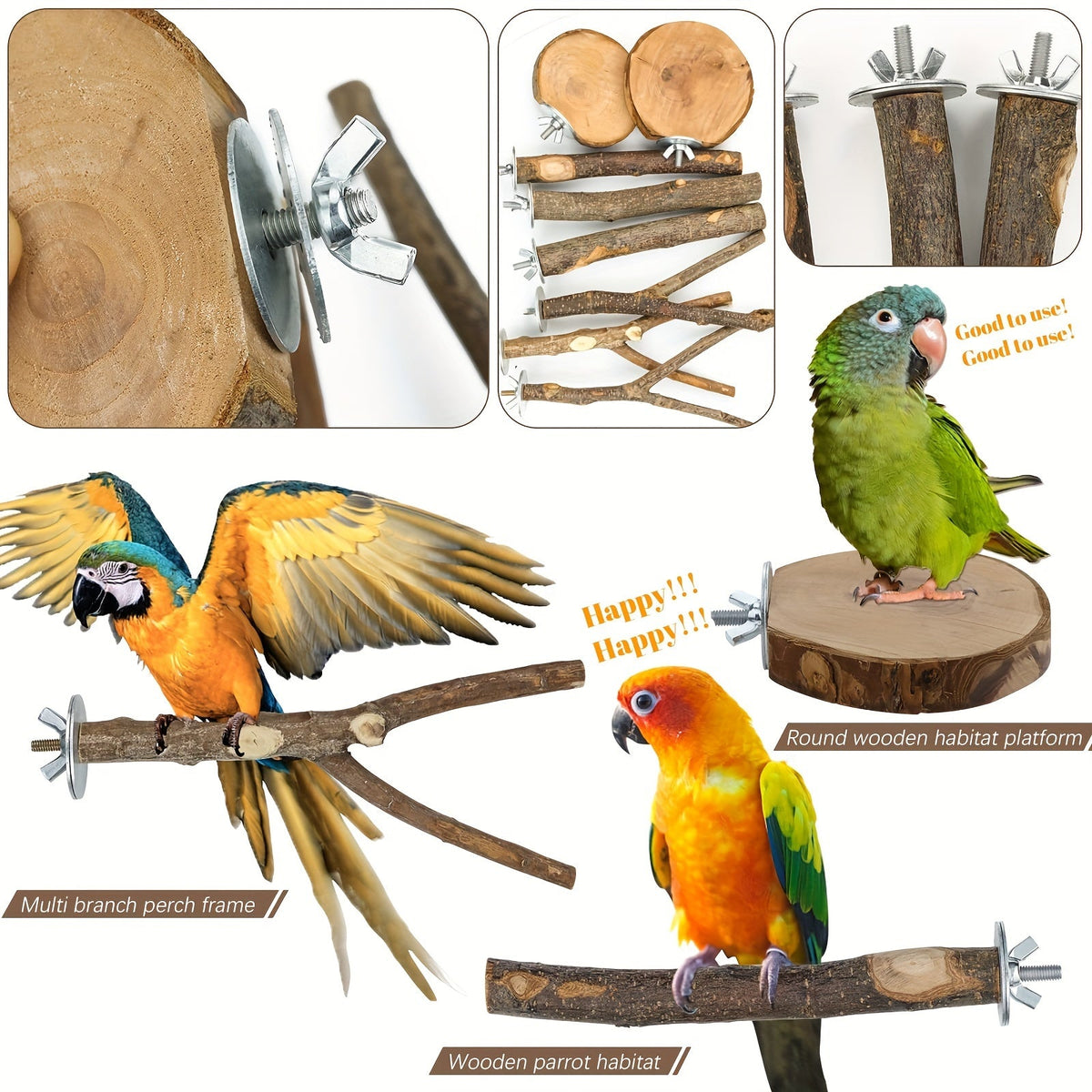 Ensemble de 8 perchoirs en bois naturel pour oiseaux, branche de pommier, support à fourches multi-branches, plateforme suspendue, hamac, balançoire pour aras, conures, perruches, ondulées et pinsons