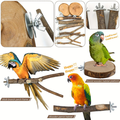 Ensemble de 8 perchoirs en bois naturel pour oiseaux, branche de pommier, support à fourches multi-branches, plateforme suspendue, hamac, balançoire pour aras, conures, perruches, ondulées et pinsons