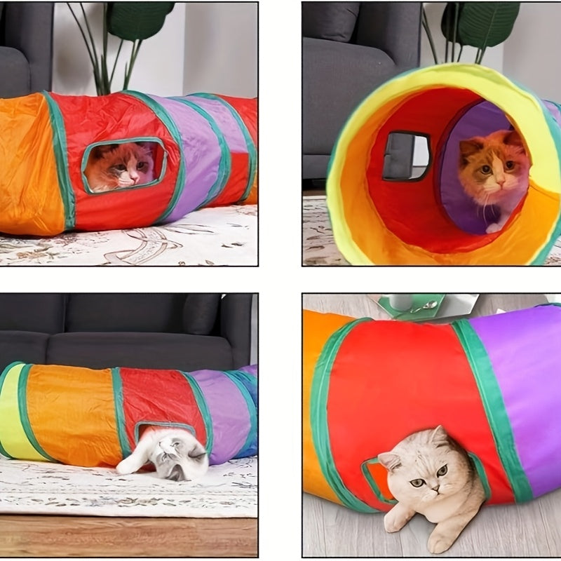 Tunnel pour chat pliable avec balle et ouvertures – Jouet tube arc-en-ciel à 3 voies en forme de S, pliable et connectable pour chats et chatons d'intérieur, configuration de jeu personnalisable