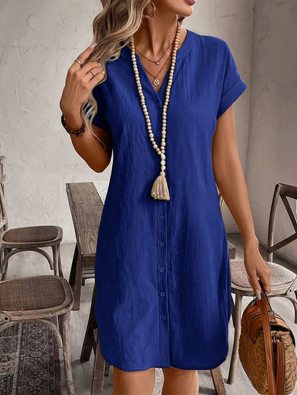 Robe chemisier décontractée à col en V pour femme, coupe ample et boutonnée – Élégante robe d'été unie disponible en 9 couleurs pour le quotidien et les vacances