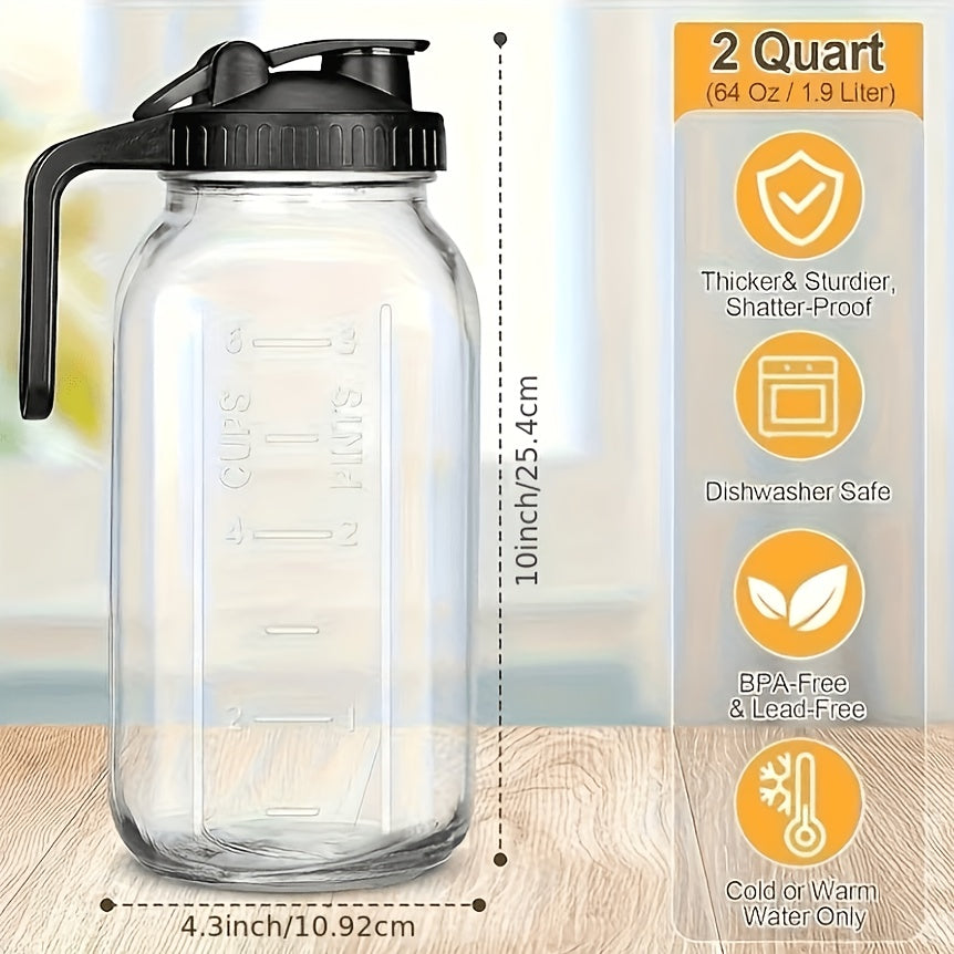 Bocal Mason de 1,9 L (64 oz) avec anse et couvercle – Carafe à boisson en verre borosilicaté de haute qualité sans BPA, étanche, lot de 2/3, pour le sport, l'extérieur, jus, eau, kombucha, cadeau de fête
