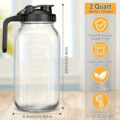 Bocal Mason de 1,9 L (64 oz) avec anse et couvercle – Carafe à boisson en verre borosilicaté de haute qualité sans BPA, étanche, lot de 2/3, pour le sport, l'extérieur, jus, eau, kombucha, cadeau de fête