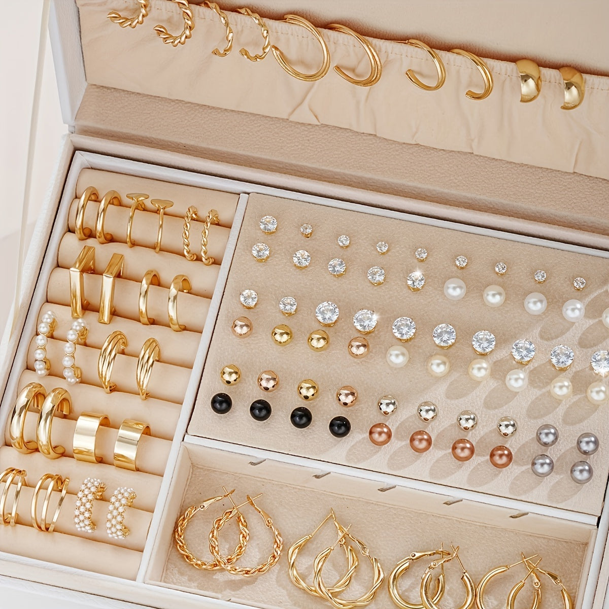 Lot de 108 boucles d'oreilles pour femmes, mélange de perles, strass, métal, clous géométriques et créoles - Ensemble de bijoux bohèmes pour le quotidien, les vacances, les rendez-vous, les fêtes et les cadeaux