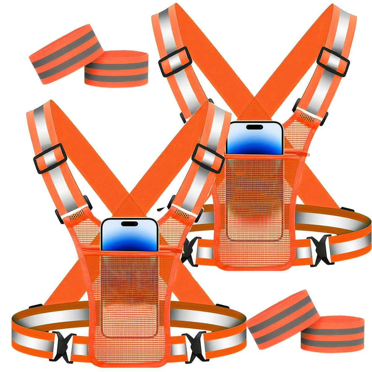 Lot de 2 gilets de running réfléchissants avec support pour téléphone et 2 bracelets réfléchissants – Équipement de sécurité haute visibilité pour hommes et femmes, jogging, promenade de chien, cyclisme