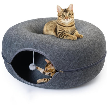 Lit tunnel pour chat en forme de beignet avec jouets à pompons - Cachette nid pour chat d'intérieur, utilisable toute l'année - Lit tunnel douillet pour chats et chatons - Disponible en 50 et 60 cm, gris foncé et gris clair