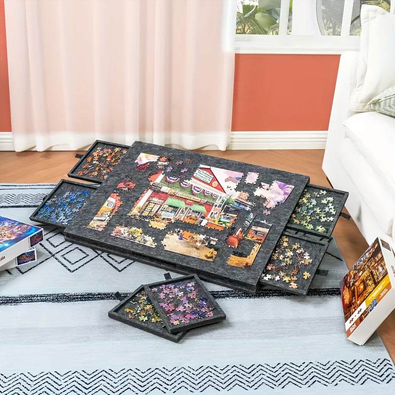 Table de puzzle 1000 pièces, design inclinable 2-en-1 avec couvercle support et 6 tiroirs, plateau de puzzle ultra-léger et portable pour adultes, accessoire de puzzle ergonomique, cadeau pour les amateurs de puzzle – Naturel et Gris