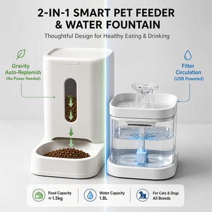 Automatic Pet Food & Water Dispenser 2-in-1 Set – 121oz Auto Cat Food Feeder + 60oz Water Fountain with No-Jam Design for Indoor Cats & Small Dogs