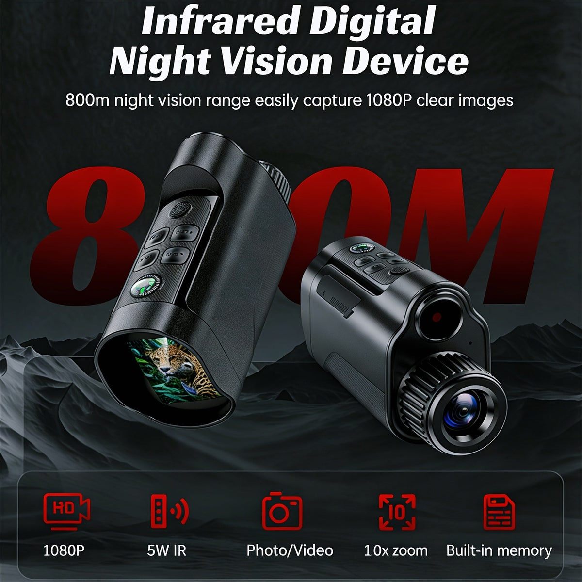 Jumelles de vision nocturne monoculaire 1080P infrarouge 5W, zoom numérique 10X, portée de 800m, batterie rechargeable 2700mAh, écran HD 2 pouces pour la chasse, le camping, l'observation de la faune et la sécurité