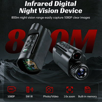 Jumelles de vision nocturne monoculaire 1080P infrarouge 5W, zoom numérique 10X, portée de 800m, batterie rechargeable 2700mAh, écran HD 2 pouces pour la chasse, le camping, l'observation de la faune et la sécurité