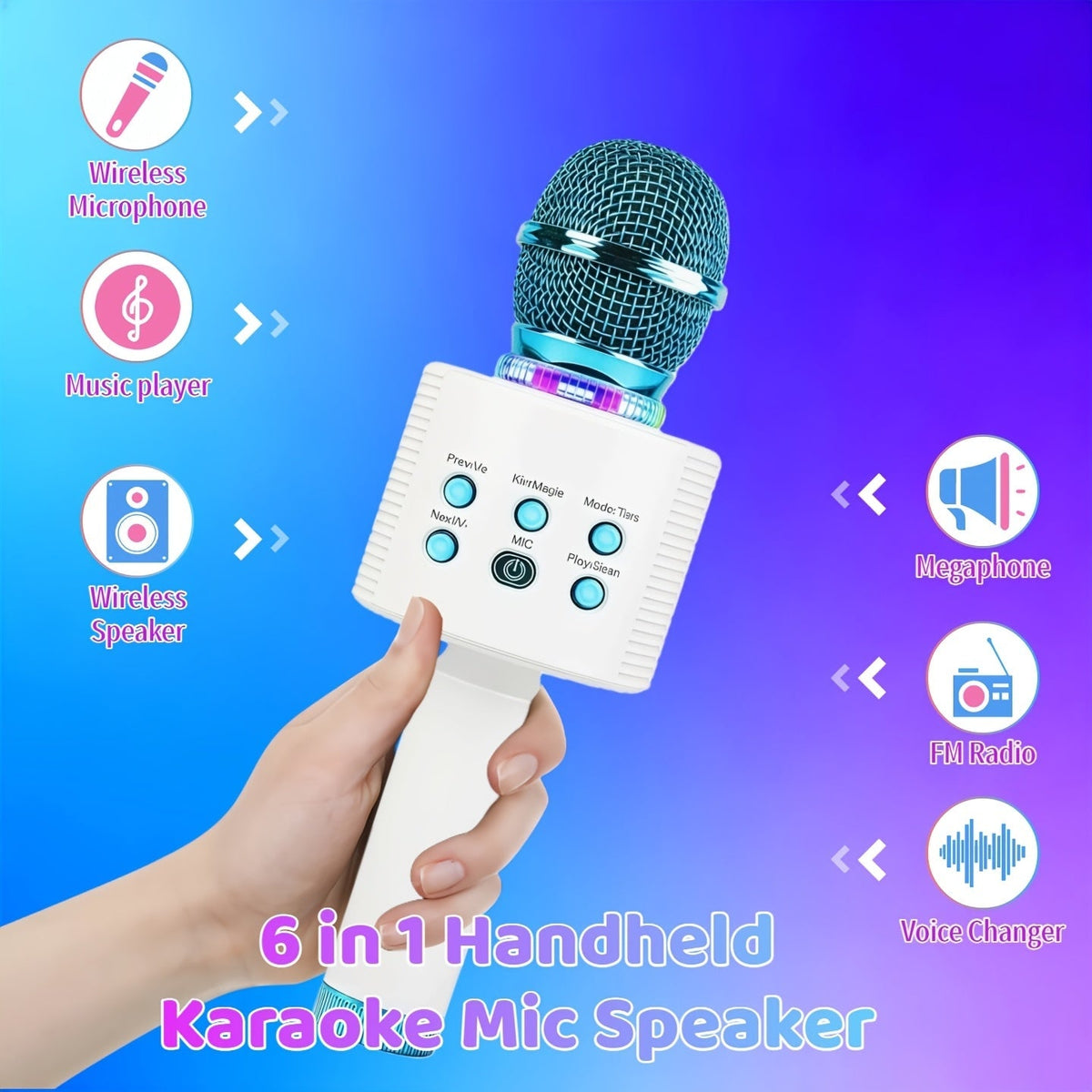 Microphone karaoké sans fil 5-en-1 avec haut-parleur intégré, lumières LED et changeur de voix – Micro de chant Bluetooth portable pour fêtes, réunions de famille, voyages et activités en plein air, 10 couleurs