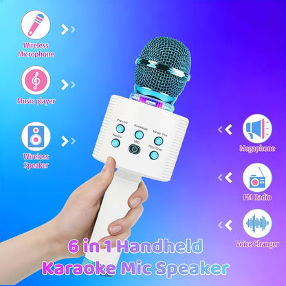 Microphone karaoké sans fil 5-en-1 avec haut-parleur intégré, lumières LED et changeur de voix – Micro de chant Bluetooth portable pour fêtes, réunions de famille, voyages et activités en plein air, 10 couleurs