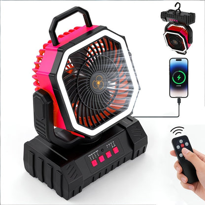 Ventilateur de camping 20000mAh avec télécommande, éclairage LED, oscillation, 4 vitesses, minuterie et batterie externe - Ventilateur de tente rechargeable pour le camping, le pique-nique, le barbecue et la pêche en plein air