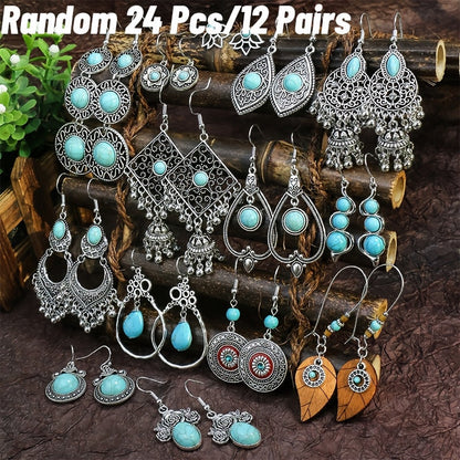 Lot de 12 paires de boucles d’oreilles pendantes bohèmes en turquoise pour femme – Boucles d’oreilles pendantes vintage feuilles et cœurs, cadeau idéal pour les fêtes, à porter au quotidien