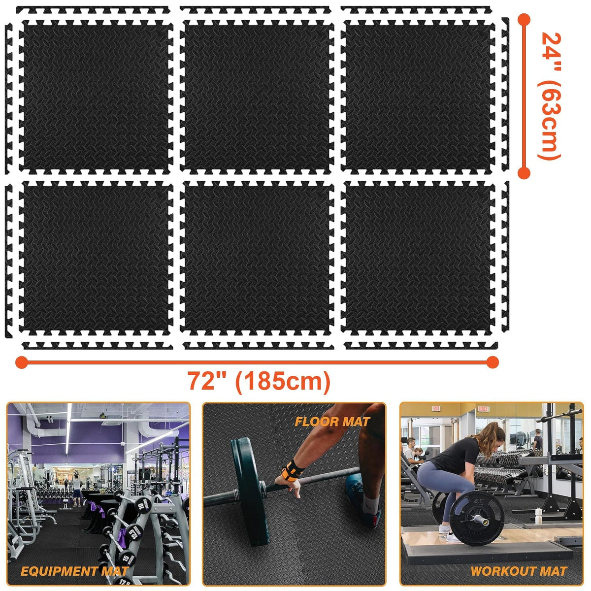 Tapis de sol emboîtable en mousse EVA pour exercice, 2,2 m² (24 pi²), 6 dalles de 61 x 61 x 1,3 cm pour salle de sport, garage, maison, bureau, yoga, gymnastique, Pilates, noir