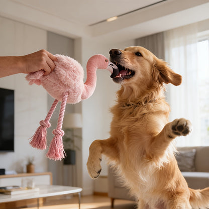 Jouet pour chien Flamingo avec couineur - Peluche double épaisseur résistante aux déchirures avec couineur intégré, corde et pompons, grand jouet interactif à tirer et à mâcher pour soulager l'anxiété, l'hygiène dentaire, chiots et chiens adultes
