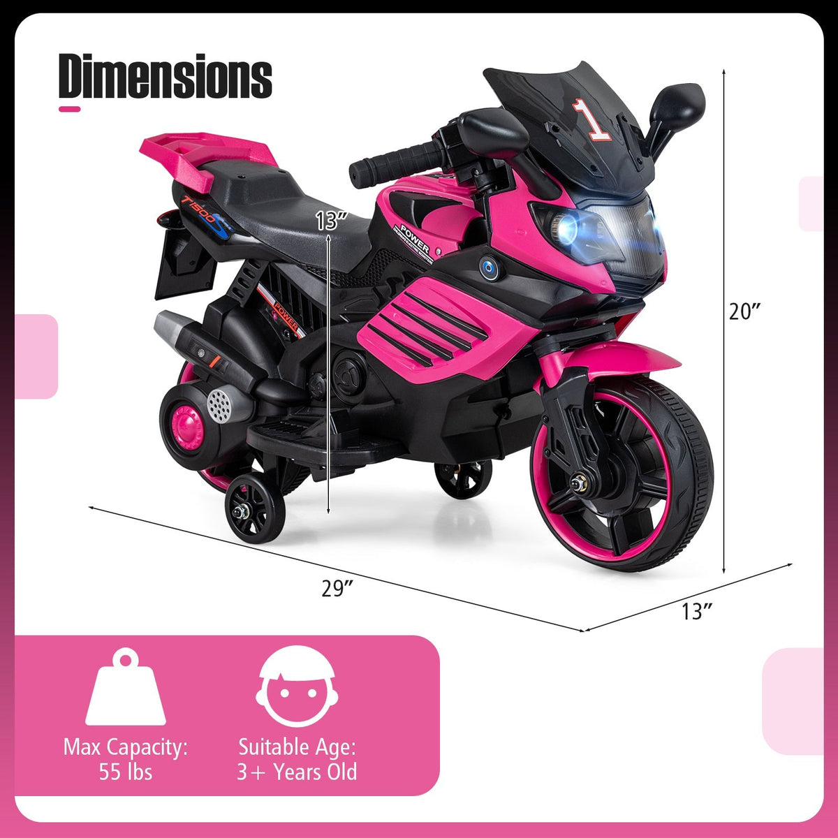 Moto électrique pour enfants 6V avec roues stabilisatrices amovibles, phares LED, musique, roues antidérapantes, selle confortable, cadeau pour garçons et filles de 3 ans et plus, rose