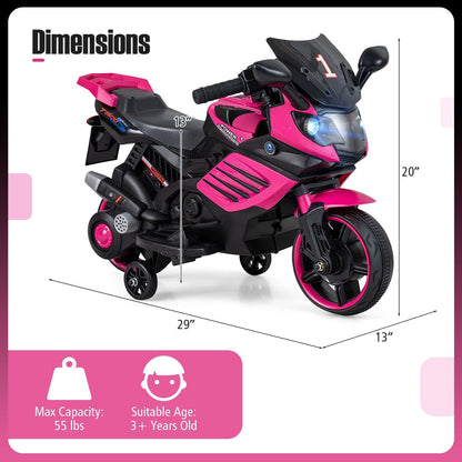 Moto électrique pour enfants 6V avec roues stabilisatrices amovibles, phares LED, musique, roues antidérapantes, selle confortable, cadeau pour garçons et filles de 3 ans et plus, rose