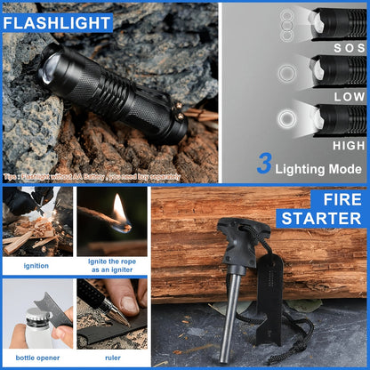 Kit de survie pour homme, ensemble d'équipement d'urgence de 12 à 115 pièces avec pierre à feu et multi-outil pour camping, randonnée, chasse, pêche, aventure en plein air, cadeau pour papa ou mari