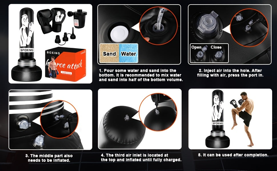 Sac de frappe sur pied 178 cm avec gants de boxe et pompe à air électrique | Sac de frappe gonflable pour adultes, hommes, femmes et adolescents | Gym à domicile, MMA, Muay Thai, kickboxing, entraînement fitness | Noir