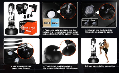 Sac de frappe sur pied 178 cm avec gants de boxe et pompe à air électrique | Sac de frappe gonflable pour adultes, hommes, femmes et adolescents | Gym à domicile, MMA, Muay Thai, kickboxing, entraînement fitness | Noir