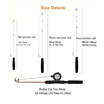 Telescopic Feather Cat Wand Toy with Interchangeable Heads - Artificial Feather Interactive Cat Toy, 3 or 4 Section Extendable Pole with 3/6/9 Random Replacement Heads, No Battery Required
