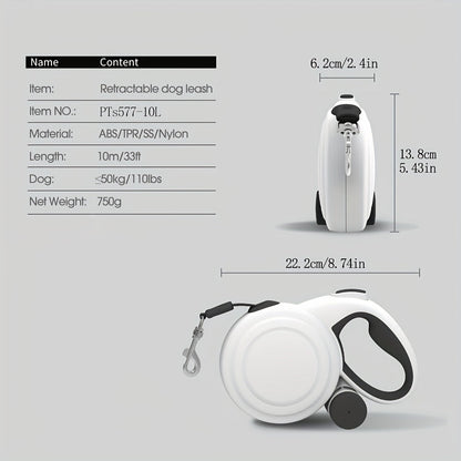 Laisse rétractable pour chien de 10 m avec bandes réfléchissantes et distributeur de sacs à déjections - Laisse robuste en nylon de 10 mètres avec contrôle à bouton unique anti-emmêlement à 360°, pour chiens moyens et grands, avec verrou de sécurité
