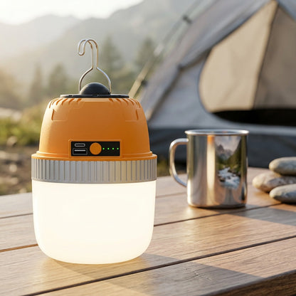 Lanterne de camping LED rechargeable par USB avec batterie externe intégrée, lampe de tente portable ultra-lumineuse pour camping, barbecue, terrasse, extérieur et urgences, recharge les téléphones portables, design autoportant et suspendu