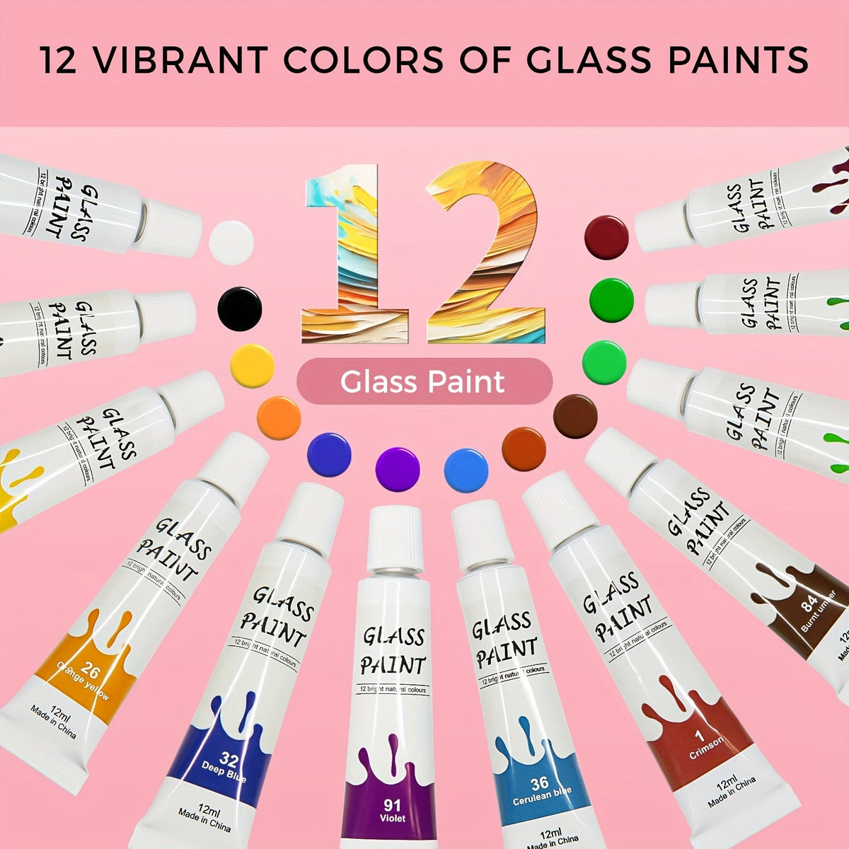 Kit de peinture sur verre, 12 couleurs acryliques non toxiques pour verre, vitraux, verres à vin, fenêtres et tasses en céramique, certifié ASTM, sans odeur, avec 3 pinceaux, pour adultes, artistes et débutants