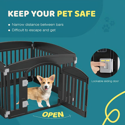 Parc pour chiens pliable à 4 ou 6 panneaux avec fond antidérapant, enclos portable pour chiots, intérieur et extérieur, avec porte à verrouillage de sécurité pour chiens de taille moyenne – Noir et blanc