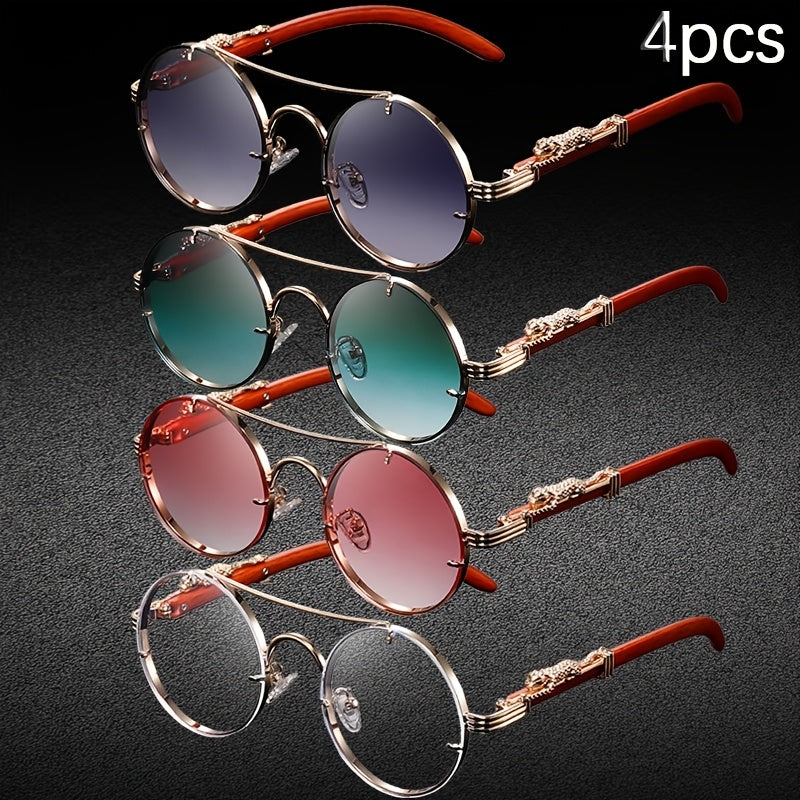 Lot de 4 paires de lunettes rondes punk rock avec charnières léopard et détails écailles de tortue – Monture en métal rétro avec verres en polycarbonate, lunettes tendance unisexe pour soirées, photos et usage quotidien