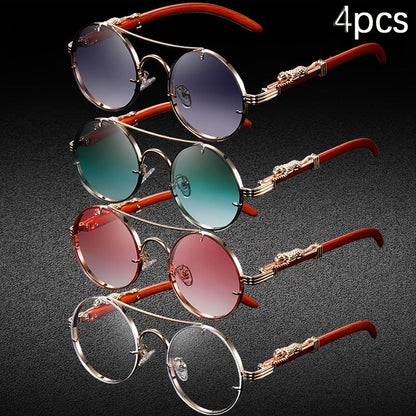 Lot de 4 paires de lunettes rondes punk rock avec charnières léopard et détails écailles de tortue – Monture en métal rétro avec verres en polycarbonate, lunettes tendance unisexe pour soirées, photos et usage quotidien