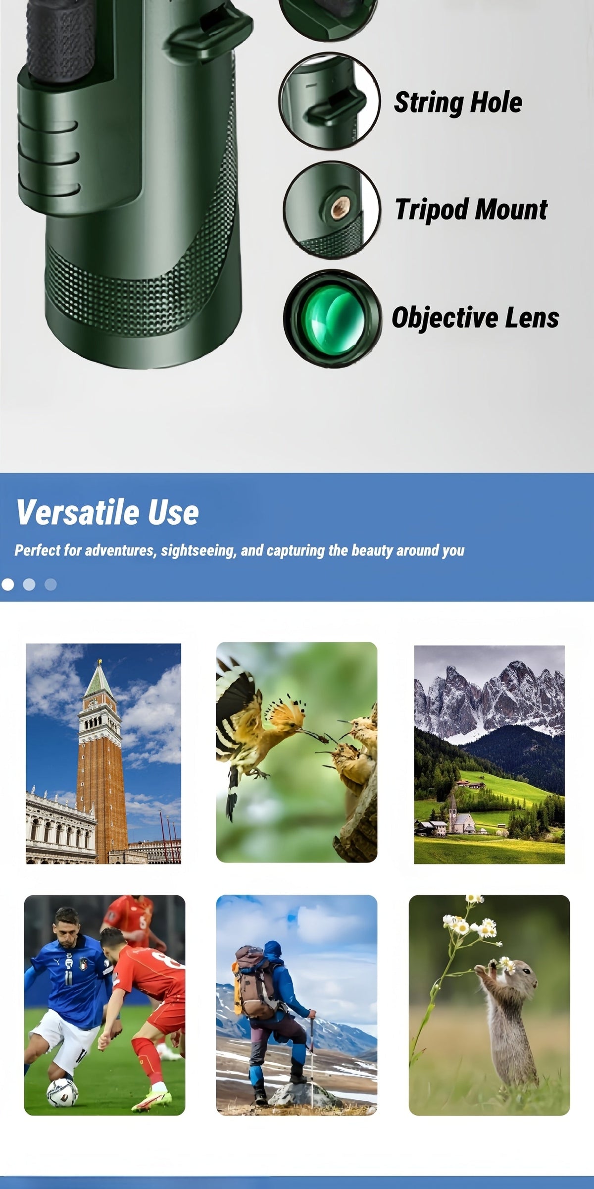 Monoculaire HD 10x42 avec adaptateur pour téléphone et trépied – Longue-vue compacte à lentilles FMC pour l'observation des oiseaux, la faune, la randonnée, le camping, les concerts et le sport – Noir et vert, cadeau de Noël