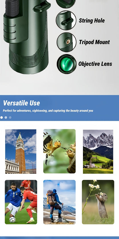 Monoculaire HD 10x42 avec adaptateur pour téléphone et trépied – Longue-vue compacte à lentilles FMC pour l'observation des oiseaux, la faune, la randonnée, le camping, les concerts et le sport – Noir et vert, cadeau de Noël