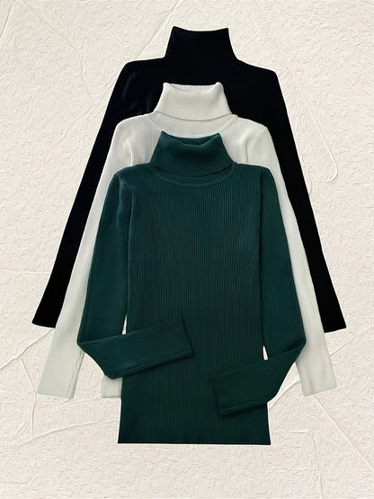 Women's 3-Piece High Collar Pullover Set – Soft High-Stretch 60% Elastane Solid Color Turtleneck Tops Bundle in Mixed Colors for Everyday Wear