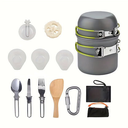 Ensemble de cuisine de camping en acier inoxydable 304 avec rangement pliable – Casserole compacte et durable avec couteaux et fourchettes pour randonnée, pique-niques et camping, vert et orange, kit de cuisine de camping léger