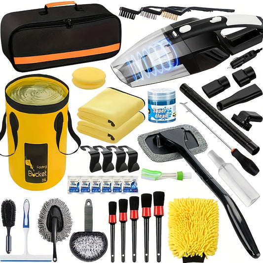 Car Wash Detailing Kit 19 or 41 Piece with Handheld Vacuum Collapsible Bucket Windshield Tool Tire Brush Snow Shovel Cleaning Gel Complete Car Care Set Yellow Pink
