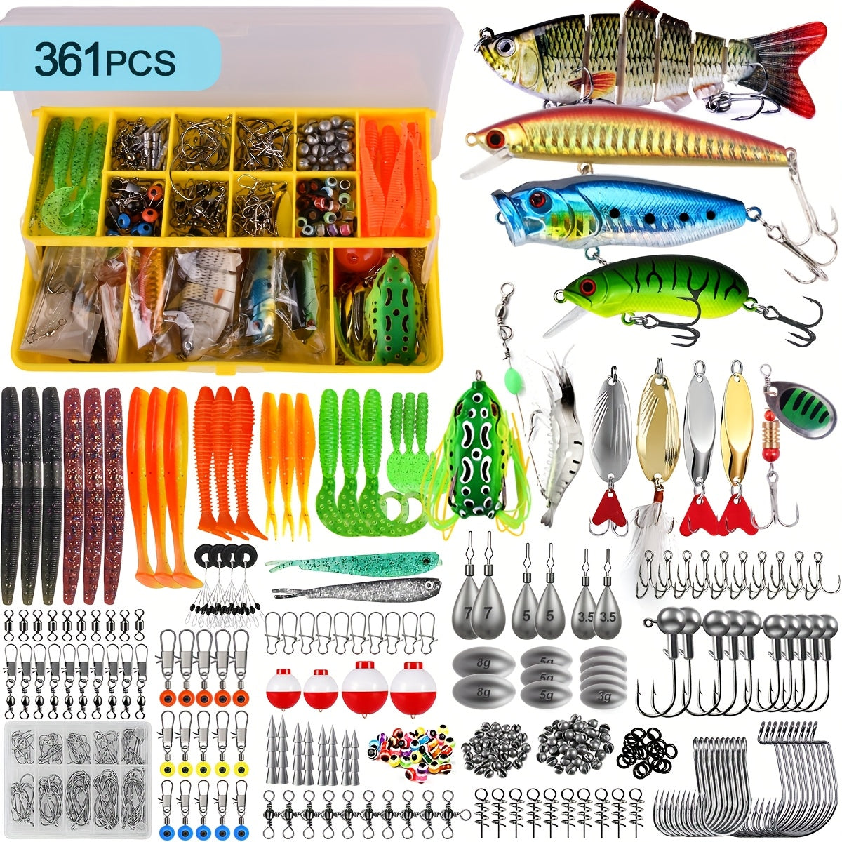 Kit de leurres de pêche, coffret de 78/106/188/361 pièces pour eau douce, comprenant cuillères, vers souples, hameçons et accessoires pour la pêche au bar, à la truite et au saumon, équipement de pêche complet pour débutants et professionnels