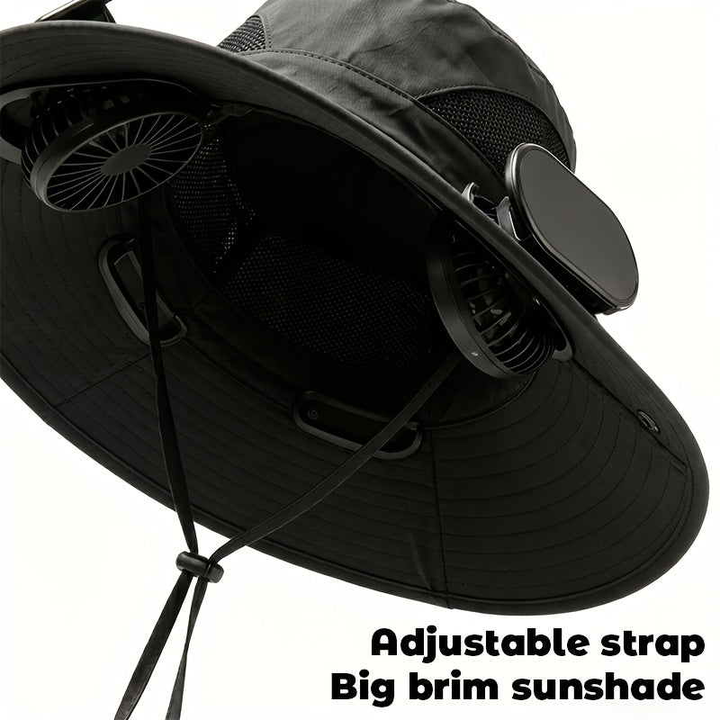 Chapeau de soleil à large bord pour homme avec 2 ventilateurs intégrés – Chapeau de pêche respirant avec protection UV pour le camping, la randonnée et la plage en été
