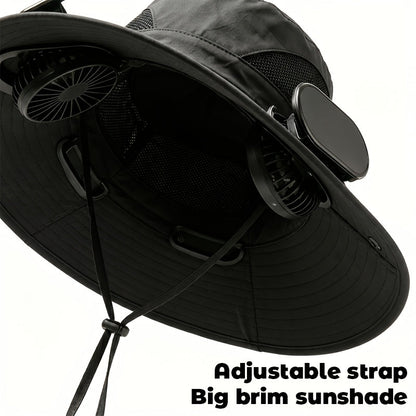 Chapeau de soleil à large bord pour homme avec 2 ventilateurs intégrés – Chapeau de pêche respirant avec protection UV pour le camping, la randonnée et la plage en été