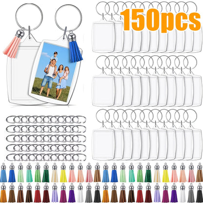 150 porte-clés cadres photo en acrylique avec pompons colorés – Lot de porte-clés photo transparents à clipser pour loisirs créatifs, porte-clés personnalisés en gros, cadeaux d'invités et souvenirs