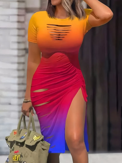 Robe moulante sexy pour femme avec découpes et cordon de serrage, robe courte à manches courtes et ourlet fendu, robe d'été ajustée pour club et soirée S M L XL XXL