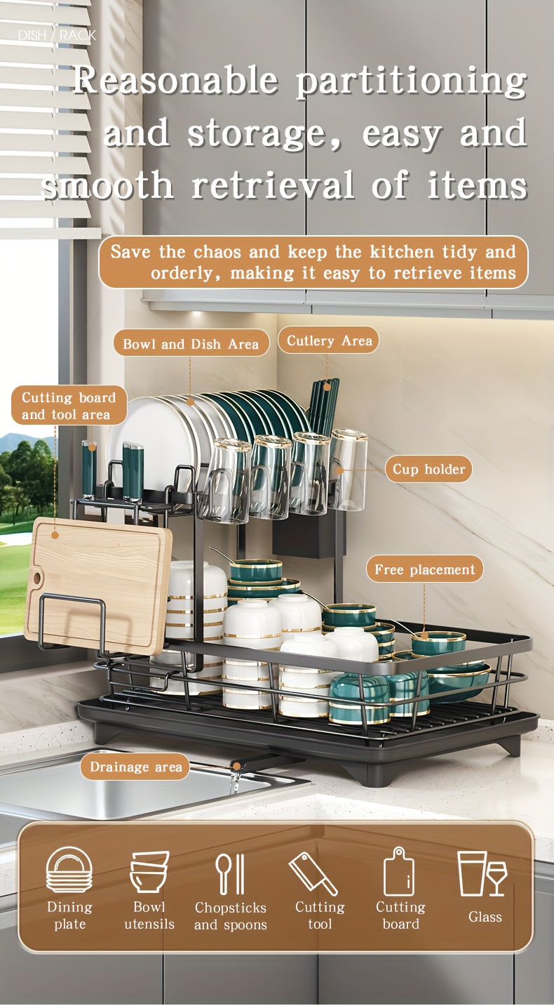 Égouttoir à vaisselle en métal à 2 niveaux avec porte-couverts, porte-gobelets et plateau d'égouttage antirouille – Égouttoir compact pour plan de travail de cuisine, égouttoir en acier durable pour tous types de surfaces