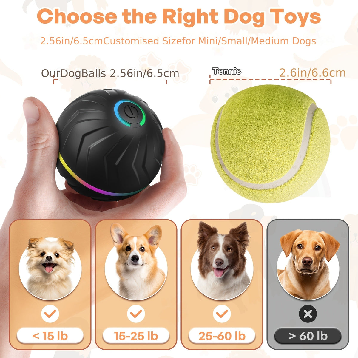 Balle interactive intelligente à rebond automatique pour chien – Jouet électronique à sauts et roulades automatiques, rechargeable par USB, durable pour toutes les races, balle de jeu mobile pour exercice en intérieur et en extérieur