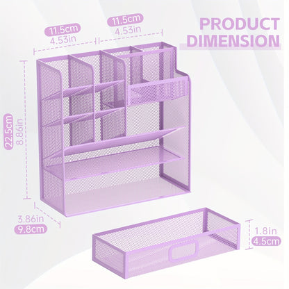 Organisateur de bureau en maille avec tiroir et porte-stylo – Rangement pour crayons pour bureau, école et atelier d'art, design en maille respirante, disponible en noir, jaune et bleu