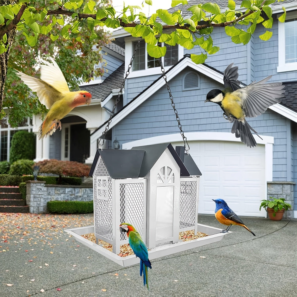 Mangeoire à oiseaux sauvage résistante aux écureuils pour extérieur – Mangeoire suspendue à grande capacité en maille métallique à 3 compartiments, résistante aux intempéries, pour cardinaux, pinsons et oiseaux de jardin, plusieurs couleurs