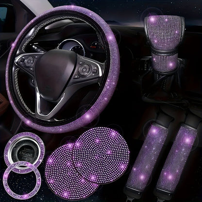 Ensemble d'accessoires de voiture 8 pièces en strass pour femme – Housse de volant, sous-verres, coussinets de ceinture de sécurité, anneaux de démarrage et housse de pommeau de levier de vitesse, 7 couleurs, kit intérieur à paillettes scintillantes