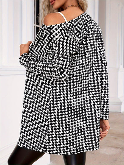 Houndstooth Open Front Cardigan Outwear Women Long Sleeve Loose Coat Spring Fall Fashion Black White Plaid Jacket Casual Streetwear